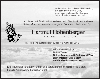 Traueranzeige von Hartmut Hohenberger von Frankenpost