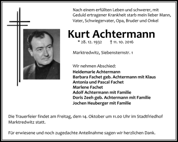 Traueranzeige von Kurt Achtermann von Frankenpost