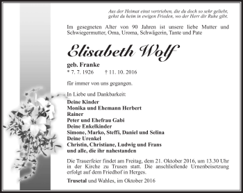 Traueranzeige von Elisabeth Wolf von Südthüringer Presse