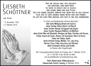 Traueranzeige von Liesbeth Schötter von Südthüringer Presse