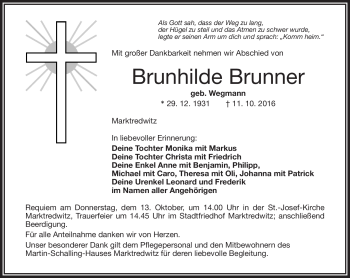 Traueranzeige von Brunhilde Brunner von Frankenpost