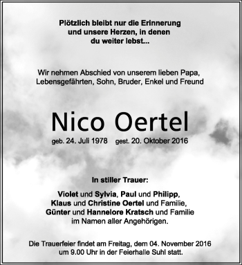Traueranzeige von Nico Oertel von Südthüringer Presse