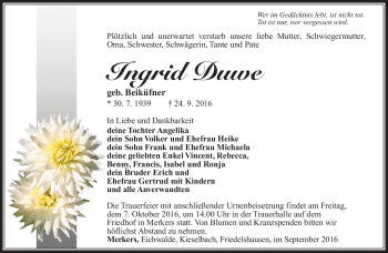 Traueranzeige von Ingrid Duwe von Südthüringer Presse