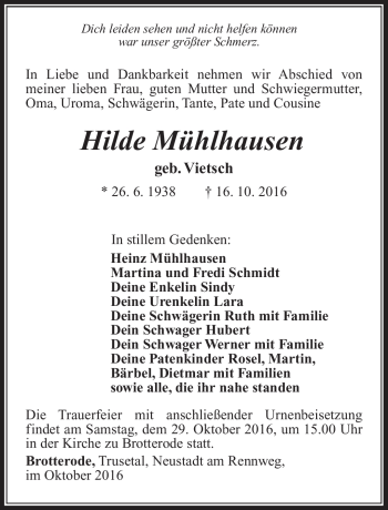 Traueranzeige von Hilde Mühlhausen von Südthüringer Presse