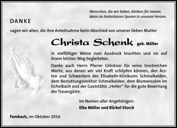 Traueranzeige von Christa Schenk von Südthüringer Presse