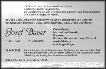 Traueranzeige von Josef Bauer von Südthüringer Presse