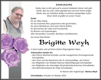 Traueranzeige von Brigitte Weyh von Südthüringer Presse