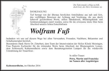 Traueranzeige von Wolfram Fuß von Südthüringer Presse