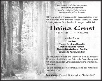Traueranzeige von Heinz Ernst von Südthüringer Presse