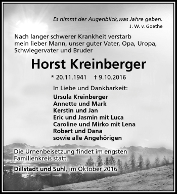 Traueranzeige von Horst Kreinberger von Südthüringer Presse