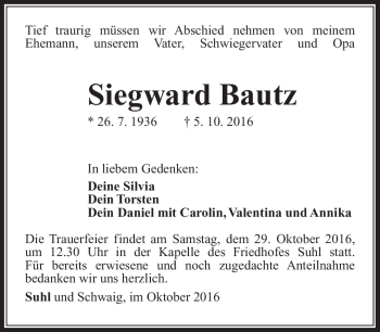 Traueranzeige von Siegward Bautz von Südthüringer Presse