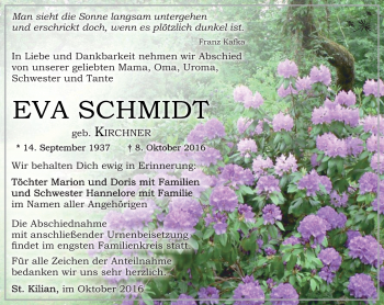 Traueranzeige von Eva Schmidt von Südthüringer Presse