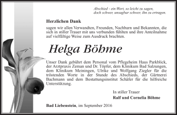 Traueranzeige von Helga Böhme von Südthüringer Presse