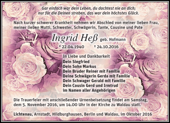 Traueranzeige von Ingrid Heß von Südthüringer Presse