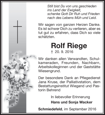 Traueranzeige von Rolf Riege von Südthüringer Presse