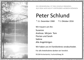 Traueranzeige von Peter Schlund von Frankenpost