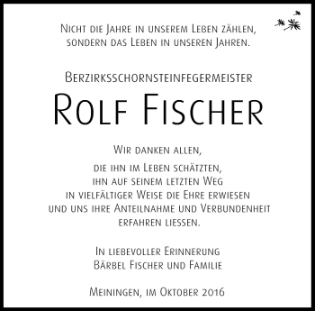 Traueranzeige von Rolf Fischer von Südthüringer Presse