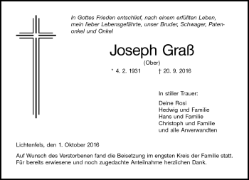 Traueranzeige von Joseph Graß von Neue Presse Coburg