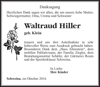 Traueranzeige von Waltraud Hiller von Südthüringer Presse
