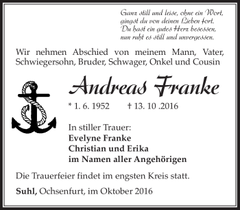 Traueranzeige von Andreas Franke von Südthüringer Presse