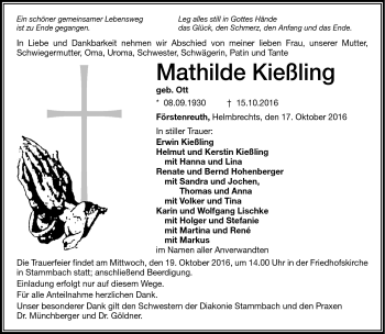 Traueranzeige von Mathilde Kießling von Frankenpost