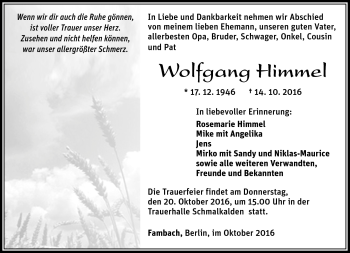 Traueranzeige von Wolfgang Himmel von Südthüringer Presse