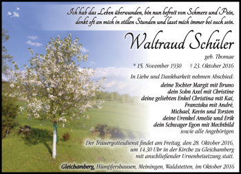 Traueranzeige von Waltraud Schüler von Südthüringer Presse