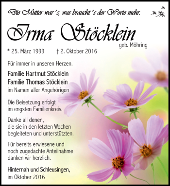 Traueranzeige von Irma Stöcklein von Südthüringer Presse
