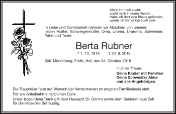 Traueranzeige von Berta Rubner von Frankenpost