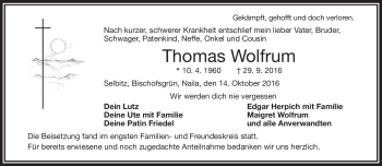 Traueranzeige von Thomas Wolfrum von Frankenpost
