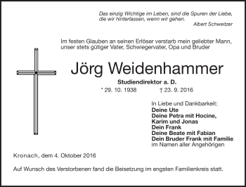 Traueranzeige von Jörg Weidenhammer von Neue Presse Coburg