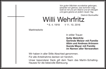 Traueranzeige von Willi Wehrfritz von Frankenpost