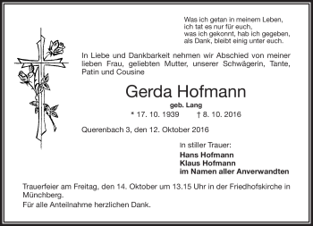 Traueranzeige von Gerda Hofmann von Frankenpost