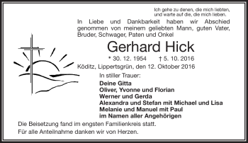 Traueranzeige von Gerhard Hick von Frankenpost
