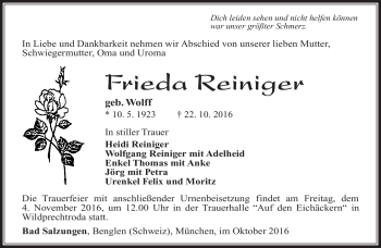 Traueranzeige von Frieda Reiniger von Südthüringer Presse