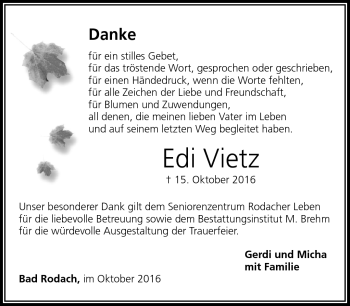 Traueranzeige von Edi Vietz von Neue Presse Coburg