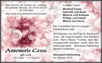 Traueranzeige von Annemarie Cessa von Südthüringer Presse