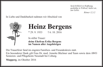 Traueranzeige von Heinz Bergens von Südthüringer Presse