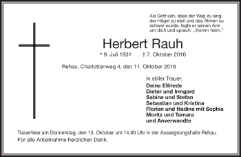 Traueranzeige von Herbert Rauh von Frankenpost