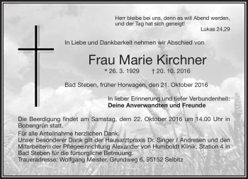 Traueranzeige von Marie Kirchner von Frankenpost