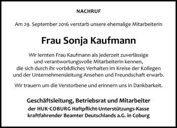 Traueranzeige von Sonja Kaufmann von Neue Presse Coburg