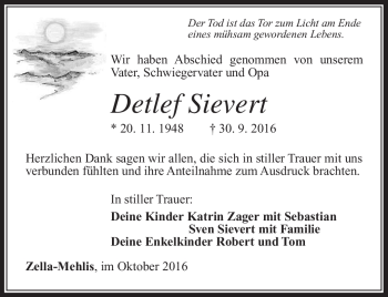 Traueranzeige von Detlef Sievert von Südthüringer Presse