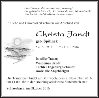 Traueranzeige von Christa Jandt von Südthüringer Presse