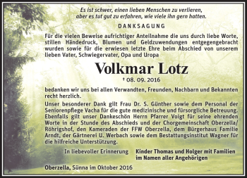 Traueranzeige von Volkmar Lotz von Südthüringer Presse