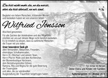 Traueranzeige von Wilfried Jönsson von Südthüringer Presse