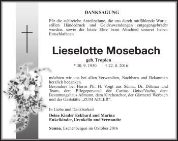 Traueranzeige von Lieselotte Mosebach von Südthüringer Presse