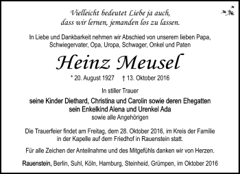 Traueranzeige von Heinz Meusel von Südthüringer Presse