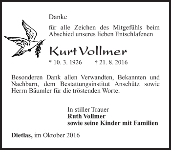 Traueranzeige von Kurt Vollmer von Südthüringer Presse