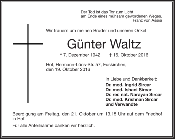 Traueranzeige von Günter Waltz von Frankenpost