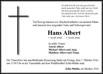Traueranzeige von Hans Albert von Südthüringer Presse